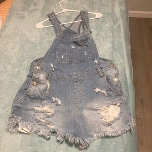 Distressed jean overall shorts